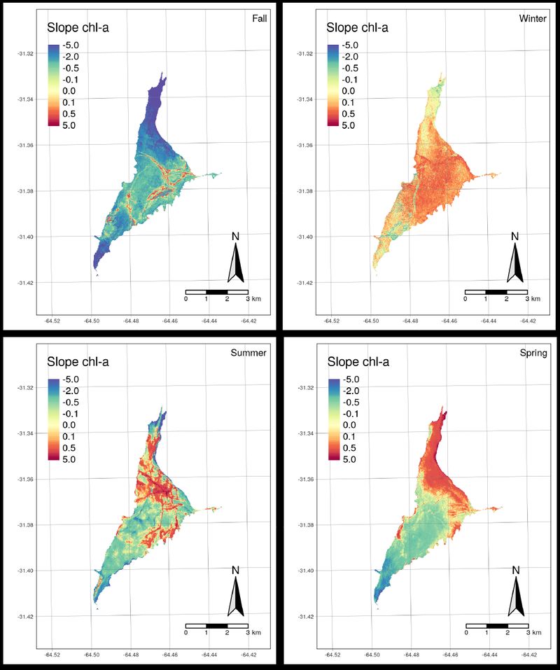 Los mapas muestran las tendencias positivas y negativas de concentración de clorofila-a en el embalse San Roque en cada estación del año entre 2016 y 2019. En los sectores azules y verdes, la tendencia es negativa. En el otro extremo, en naranjas y rojo la tendencia es positiva. En amarillo, los valores se mantuvieron estables. 