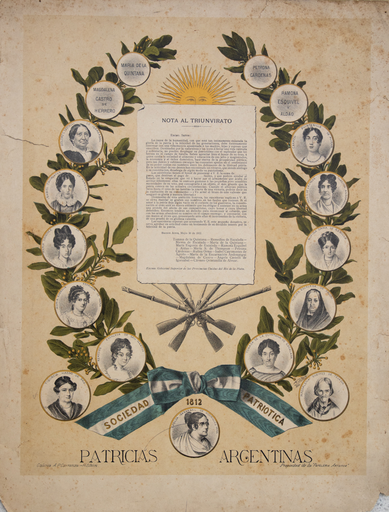 Impreso. Color. En el centro hay un texto en letras negras sobre fondo blanco. Alrededor una corona de laureles con retratos de mujeres. 