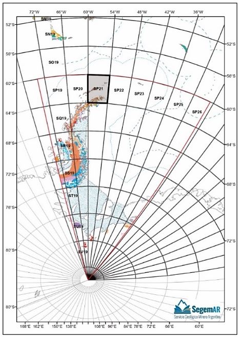 Hojas Geológicas en el Territorio Antártico Argentino a escala 1:1.000.000. Las mismas se denominarán de norte a sur con las siglas: SP, SQ, SR, SS, ST, SU, SV; y de este a oeste con la numeración: 19 al 26. En sombreado gris se señala la ubicación de la hoja SP-21 en ejecución actualmente.