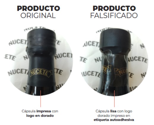 En el producto original, la cápsula está impresa con el logo en dorado; en el falsificado, es autoadhesiva.