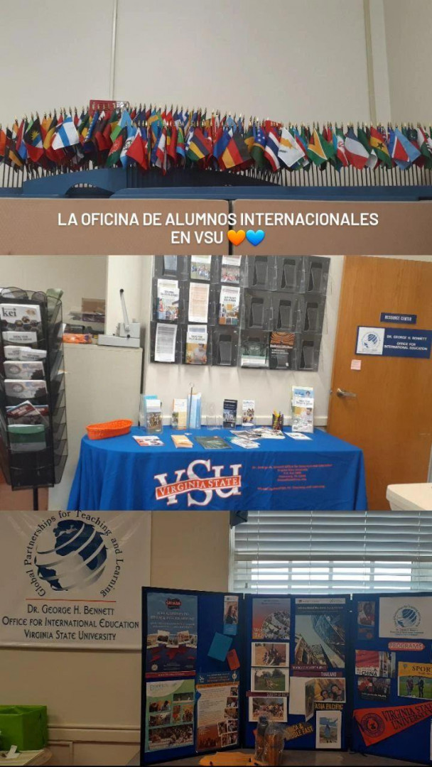 La Oficina de Estudiantes Internacionales de Virginia State University y el stand de Argentina en la feria de programas de estudio en el extranjero.