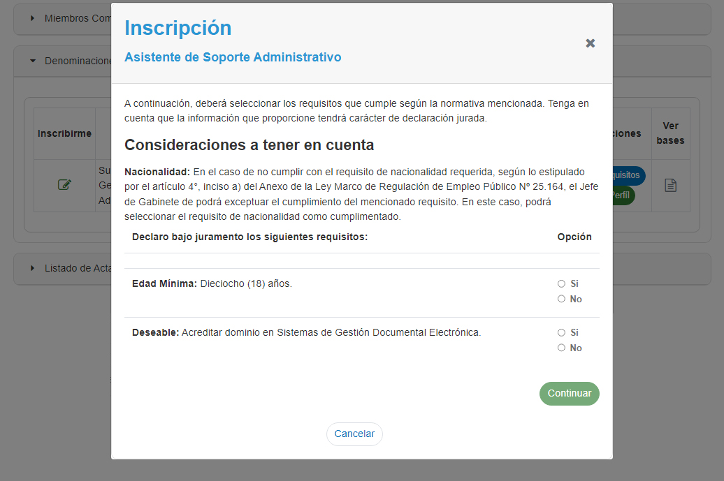 pantalla de requisitos