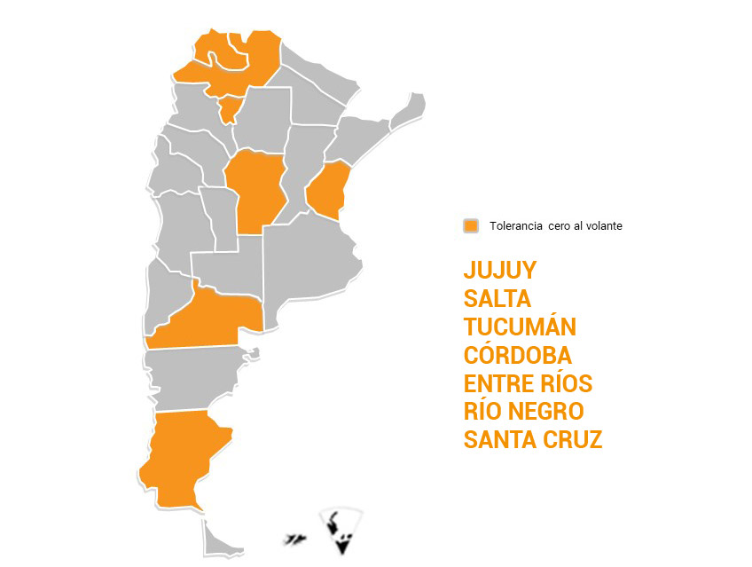 Provincias con normativa de tolerancia cero al volante: Jujuy, Salta, Tucumán, Córdoba, Entre Ríos, Río Negro, Santa Cruz
