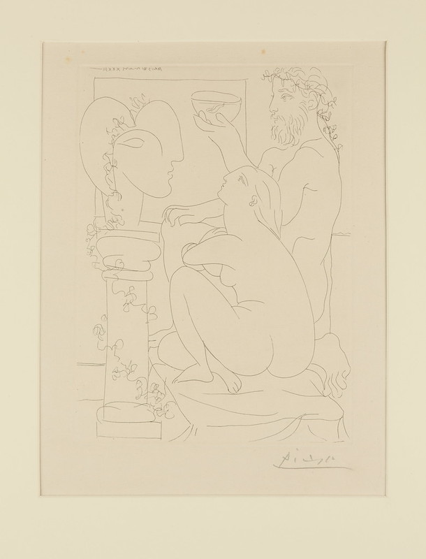 Escultor con copa y modelo en cuclillas, de la serie Suite Vollard / El taller del escultor (1930-1937), 1933. Pablo Picasso.
