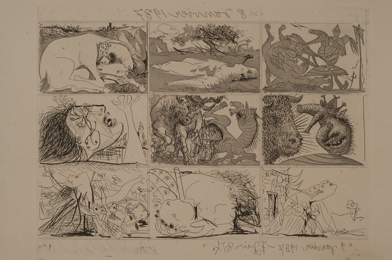 Sueño y mentira de Franco, 1937. Dos planchas con nueve escenas cada una, aguatinta y aguafuerte sobre papel. Pablo Picasso.