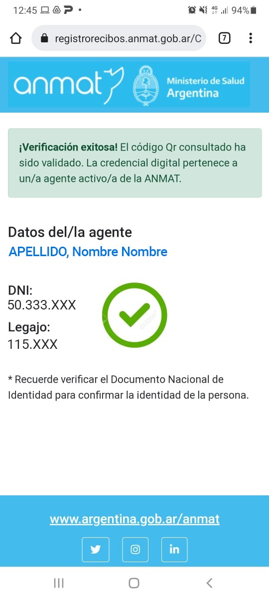 Validación credencial ANMAT Print de pantalla de la validación del personal escaneado