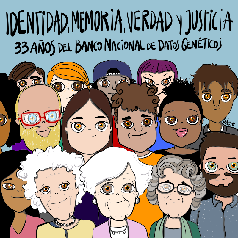 Ilustación por Ro Ferrer con la leyenda: "Identidad, Memoria, Verdad y Justicia. 33 años del BNDG"