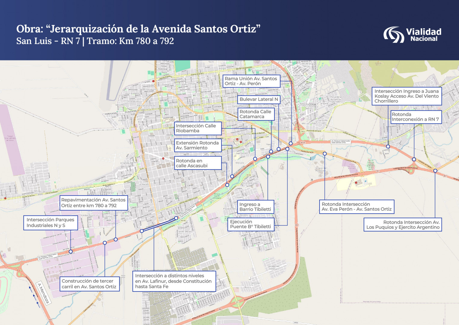 Mapa de las intervenciones RN7 San Luis
