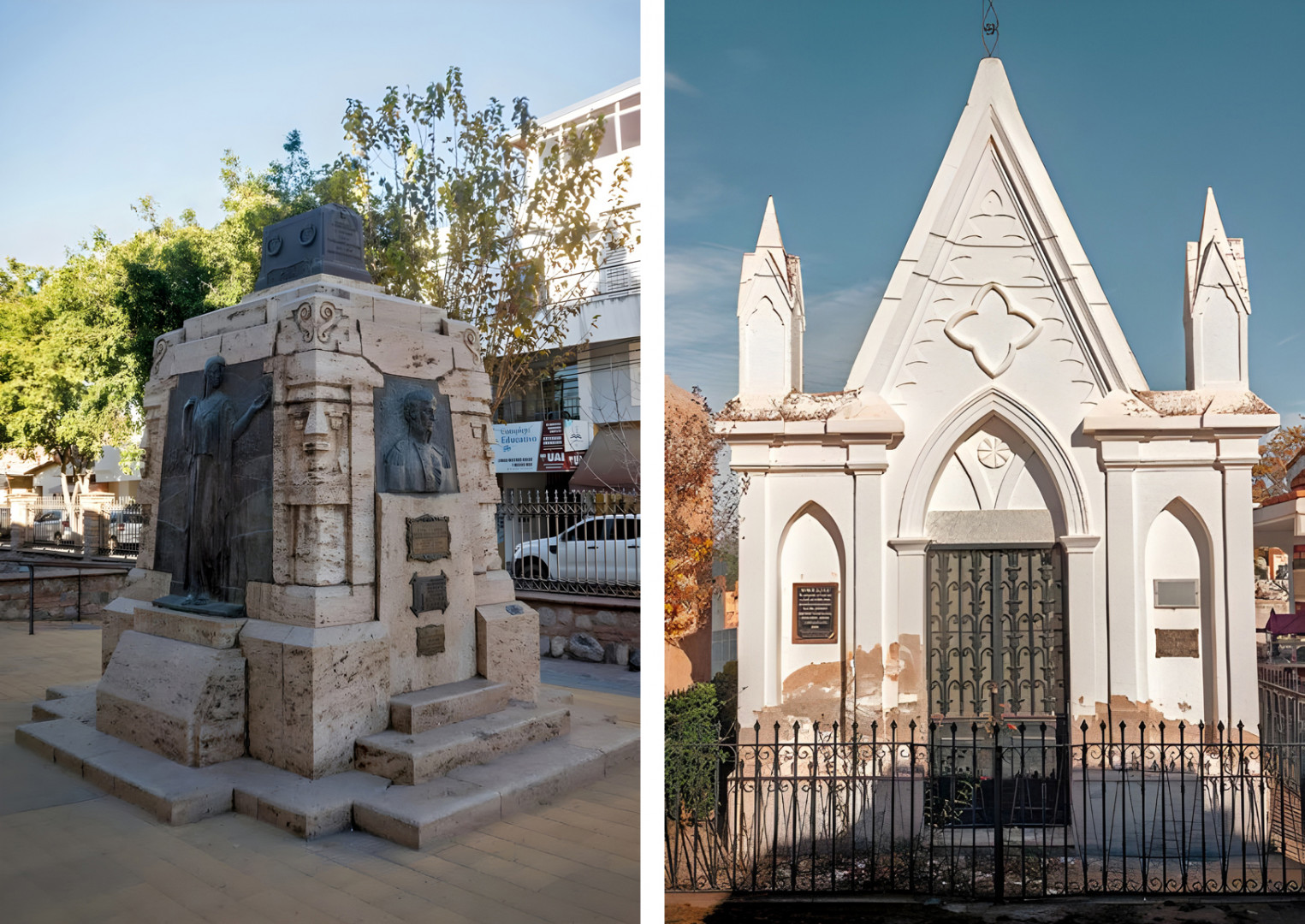 (Izq) Sepulcro de Nicolás Dávila, Cementerio de Nonogasta. (Der) Sepulcro Ortiz de Ocampo, atrio Iglesia de la Merced.