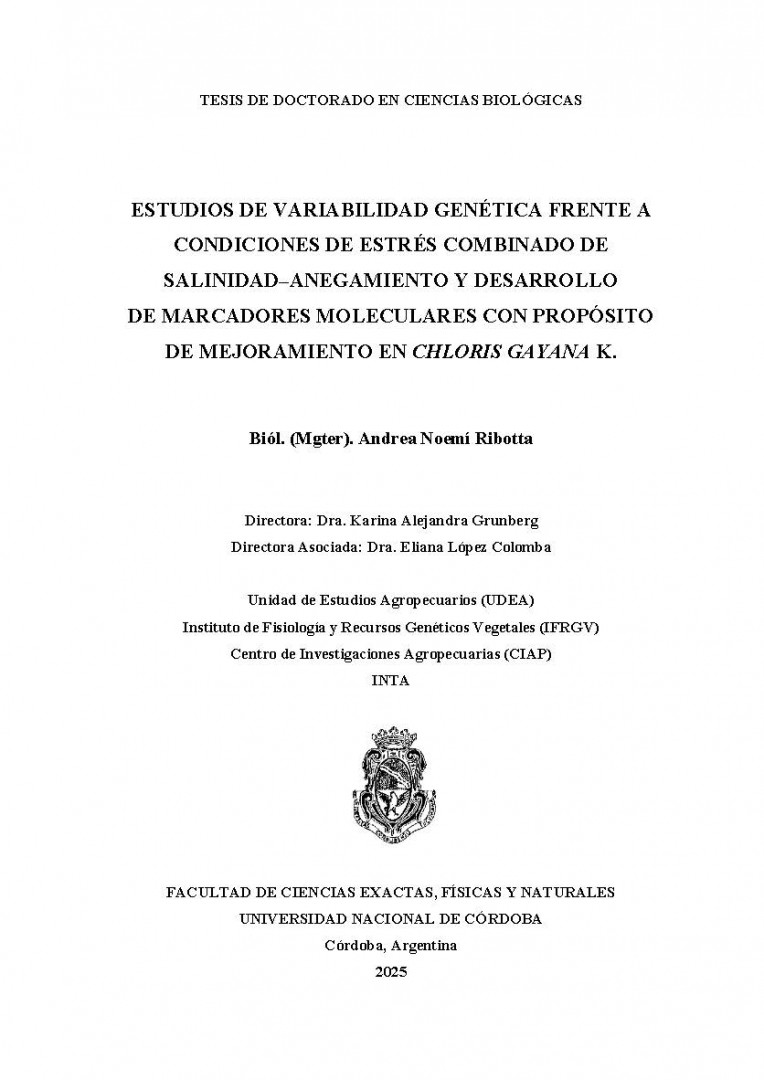 Chloris gayana; Salinidad; Salinity; Hipoxia; Hypoxia; Anegamiento; Waterlogging; Estrés Oxidativo; Oxidative Stress; Secuenciación de Alto Rendimiento; High-throughput Sequencing; Anatomía de la Planta; Plant Anatomy; Marcadores Genéticos; Genetic Markers; Fitomejoramiento; Plant Breeding; Gramíneas Forrajeras; Feed Grasses; Grama Rhodes; Marcadores Moleculares; Gramíneas Megatérmicas; Gramíneas Subtropicales; Cultivares Diploides; Estrés Combinado; Salinidad-hipoxia; Tolerancia al Estrés Abiótico; Aerénqu