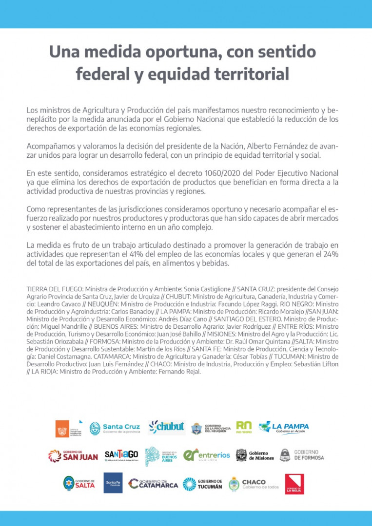 El Gobierno Nacional recibi&oacute; el reconocimiento de ministros de Agricultura y Producci&oacute;n de todo el pa&iacute;s por la baja en los derechos de exportaci&oacute;n de econom&iacute;as regionales