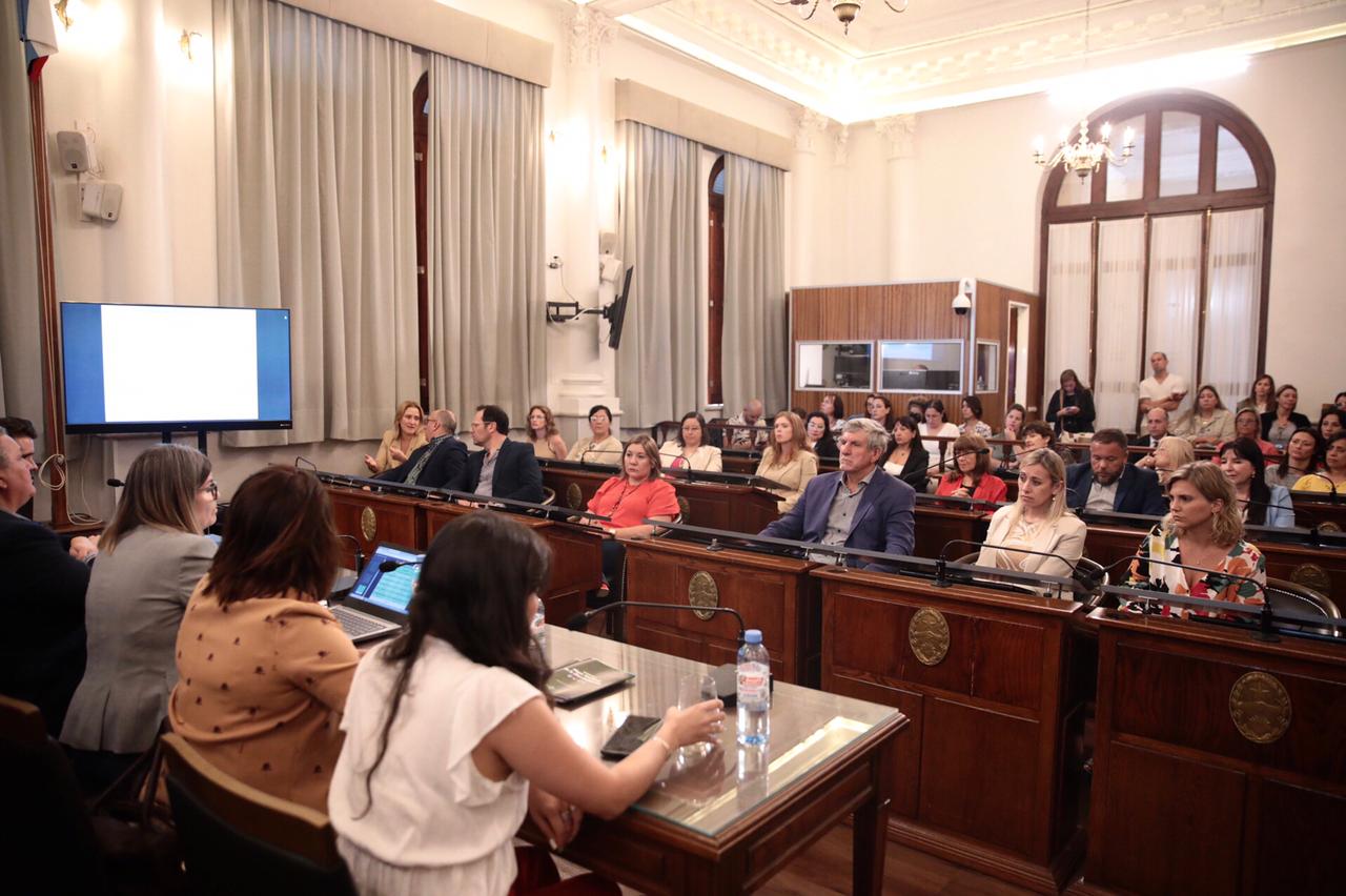 Foto tomada desde atrás del panel que muestra la sala completa durante la presentación.