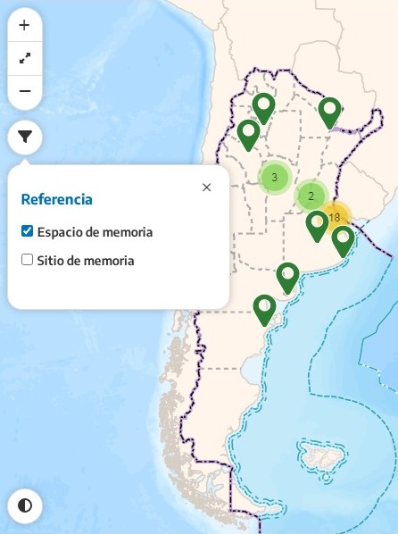 Mapa de señalizaciones con las referencias Espacio de Memoria y Sitio de Memoria