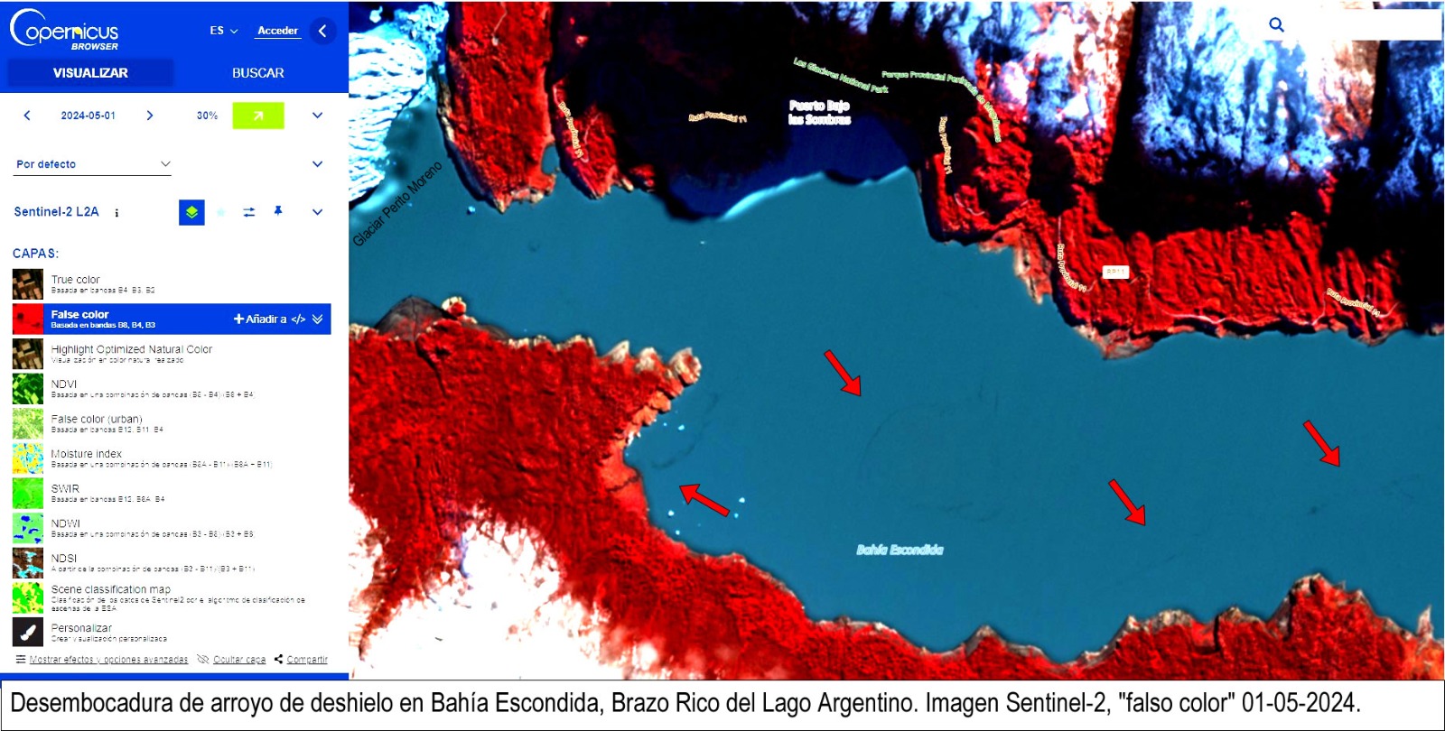 Imagen satelital como parte del análisis de situación en el PN Los Glaciares