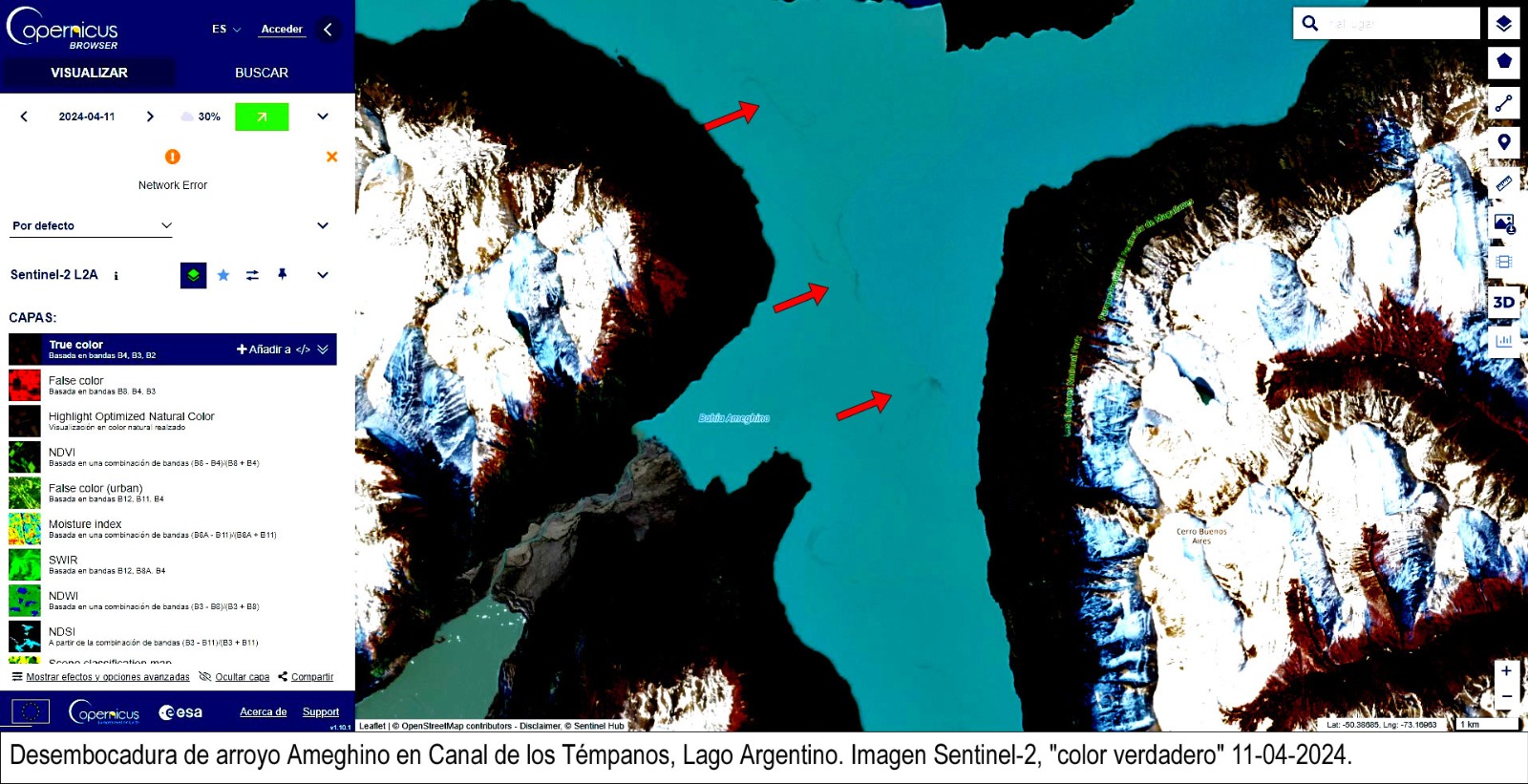 Imagen satelital como parte del análisis de situación en el PN Los Glaciares